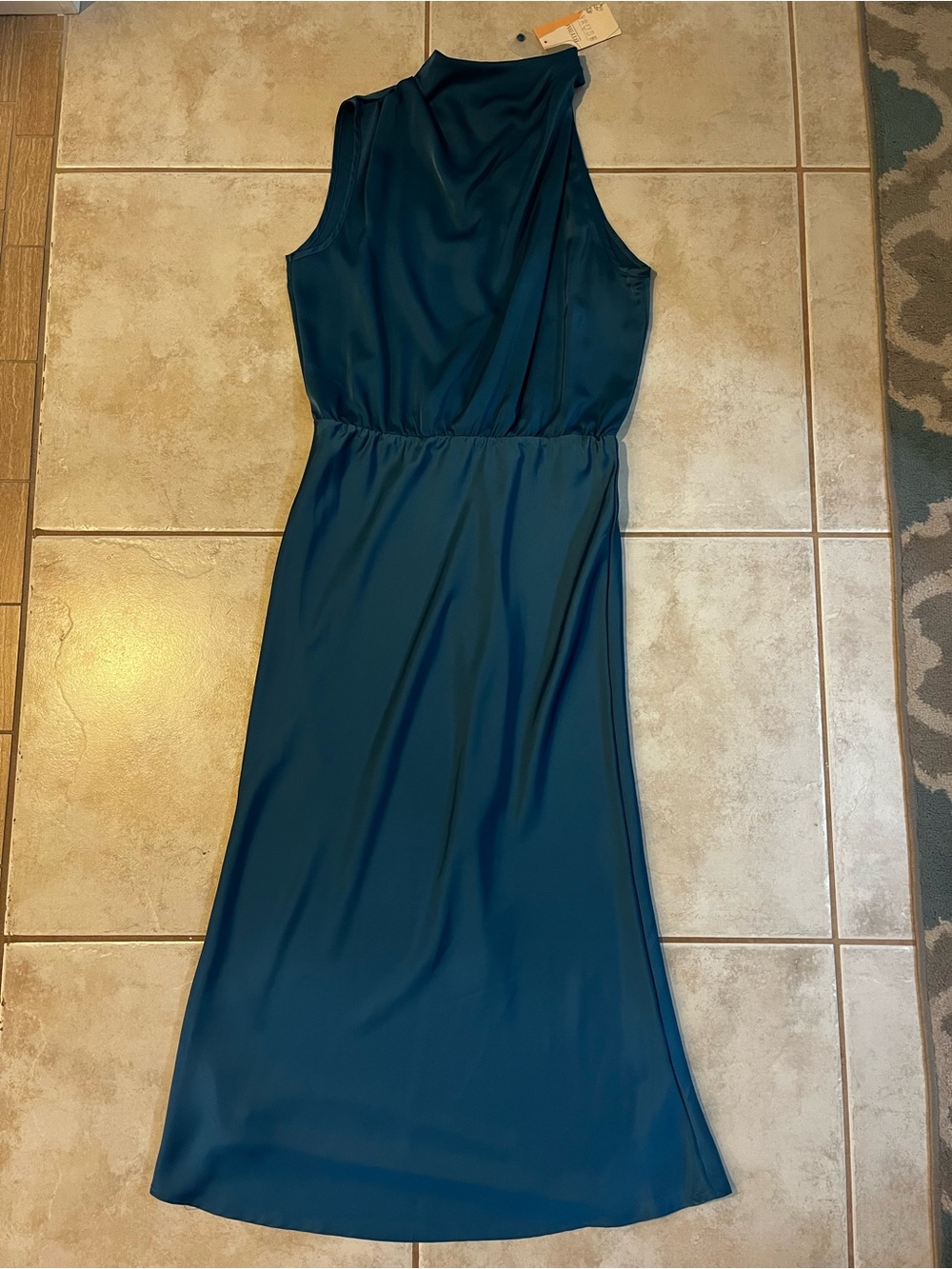 One-Shoulder Satin Teal Midi Dress